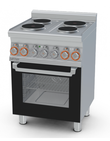 Cucina elettrica trifase-9,5kw, 4 piastre, forno elettrico multifunzione con camera cm 46x37x35h, porta in vetro - cm 60x60x90h