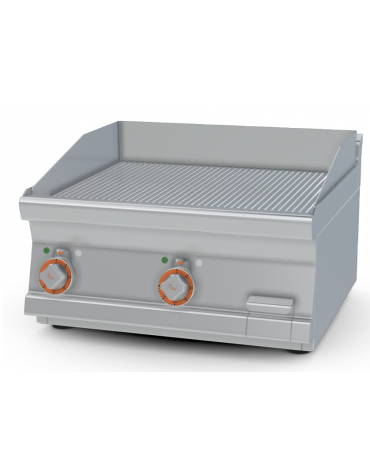 Fry top elettrico trifase-6,75kw da banco, piastra rigata cromata doppia  cm 59,5x45, r. temp. 50 a 300 °C - dim. 60x60x28h