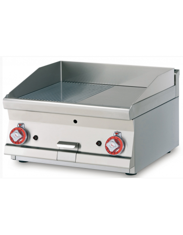 Fry top a gas da banco, piastra doppia 1/2 liscio-1/2 rigato, cons. gas 0,265m³/h - sup. di cottura cm 59,5x45 - cm 60x60x28h