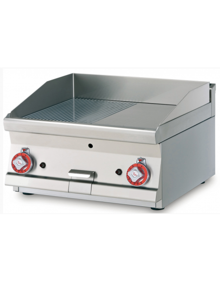 Fry top a gas da banco, piastra doppia 1/2 liscio-1/2 rigato, cons. gas 0,265m³/h - sup. di cottura cm 59,5x45 - cm 60x60x28h