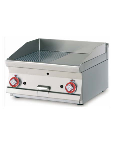 Fry top a gas da banco, piastra cromata doppia 1/2 liscio-1/2 rigato - sup. di cottura cm 59,5x45 - cm 60x60x28h