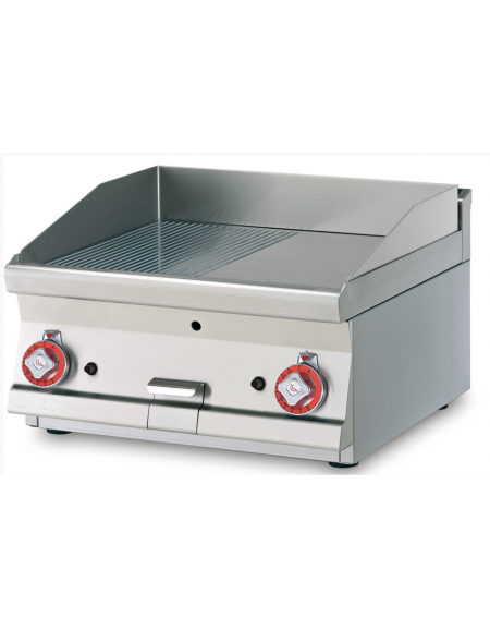 Fry top a gas da banco, 12 kw, piastra 1/2 liscia-1/2 rigata, consumo gas 0,349m³/h - sup. di cottura cm 79,5x45  - cm 80x60x28h