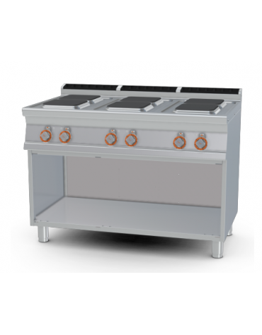 Piano di cottura in acciaio inox CrNi 18/10 AISI 304 trifase-15,6kw, 6 piastre quadre su mobile a giorno - cm 120x70,5x90h