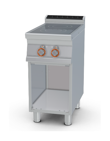 Piano di cottura inox CrNi 18/10 AISI 304 trifase-5kw, 2 zone di cottura in vetroceramica su mobile a giorno - cm 40x70,5x90h