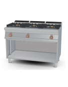 Piano di cottura a gas in acciaio inox CrNi 18/10 AISI 304, 3 fuochi su mobile a giorno - cm 120x70,5x90h