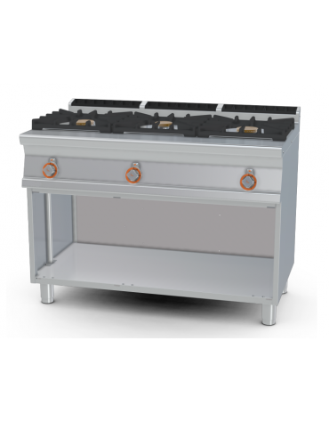 Piano di cottura a gas in acciaio inox CrNi 18/10 AISI 304, 3 fuochi su mobile a giorno - cm 120x70,5x90h