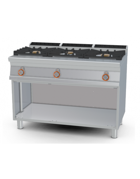 Piano di cottura a gas in acciaio inox CrNi 18/10 AISI 304, 3 fuochi su mobile a giorno - cm 120x70,5x90h