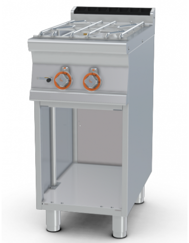 Piano di cottura ad acqua a gas in acciaio inox CrNi 18/10 AISI 304, 2 fuochi su mobile a giorno - cm 40x70,5x90h