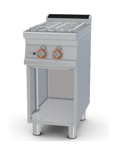 Piano di cottura ad acqua a gas in acciaio inox CrNi 18/10 AISI 304, 2 fuochi su mobile a giorno - cm 40x70,5x90h