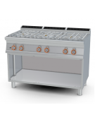 Piano di cottura ad acqua a gas, 6 fuochi su mobile a giorno, rubinetto carico acqua, sfioratore - cm 120x70,5x90h