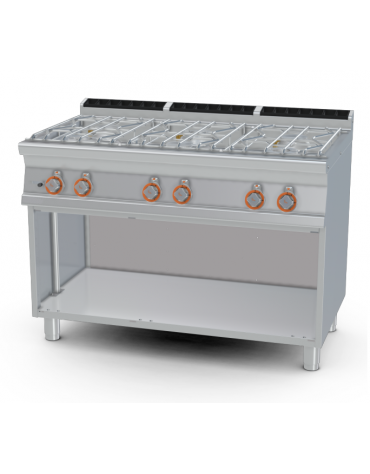 Piano di cottura ad acqua a gas, 6 fuochi su mobile a giorno, rubinetto carico acqua, sfioratore - cm 120x70,5x90h