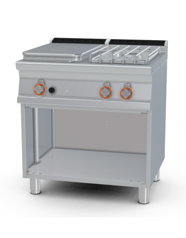 Cucina tuttopiastra a gas in acciaio inox CrNi 18/10 AISI 304, 2 fuochi 1 piastra cm 37x57, su mobile a giorno - cm 80x70,5x90h