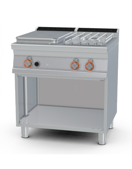 Cucina tuttopiastra a gas in acciaio inox CrNi 18/10 AISI 304, 2 fuochi 1 piastra cm 37x57, su mobile a giorno - cm 80x70,5x90h
