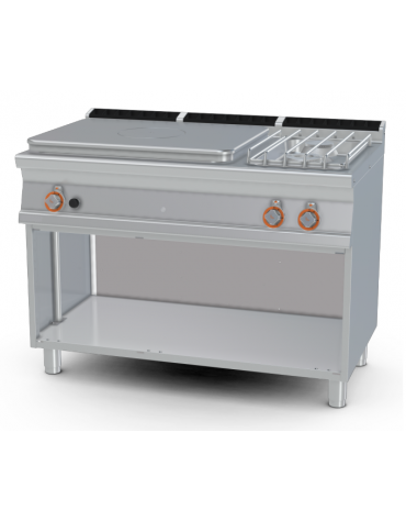 Cucina tuttopiastra a gas in acciaio inox CrNi 18/10 AISI 304, 2 fuochi 1 piastra cm 77x57, su mobile a giorno - cm 120x70,5x90h