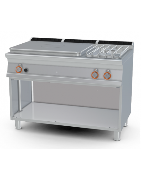 Cucina tuttopiastra a gas in acciaio inox CrNi 18/10 AISI 304, 2 fuochi 1 piastra cm 77x57, su mobile a giorno - cm 120x70,5x90h