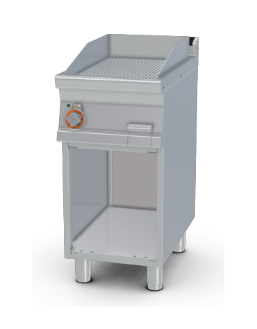 Fry top elettrico trifase-5,55kw su mobile a giorno piastra singola rigata cromata - dim. 40x70,5x90h