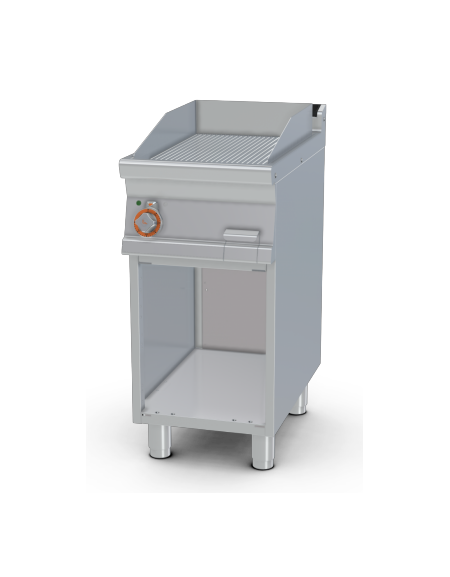 Fry top elettrico trifase-5,55kw su mobile a giorno piastra singola rigata cromata - dim. 40x70,5x90h