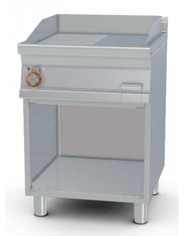 Fry top elettrico trifase-7,4kw su mobile a giorno, piastra 1/2 liscia - 1/2 rigata - dim. 60x70,5x90h