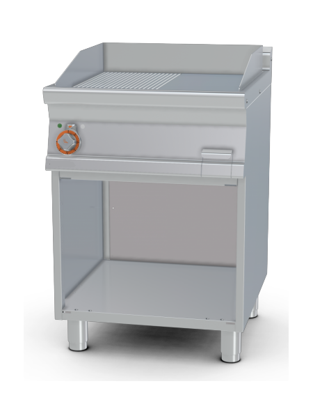 Fry top elettrico trifase-7,4kw su mobile a giorno, piastra 1/2 liscia - 1/2 rigata - dim. 60x70,5x90h