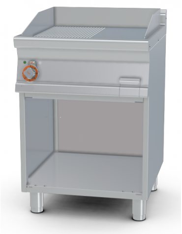 Fry top elettrico trifase-7,4kw su mobile a giorno, piastra 1/2 liscia - 1/2 rigata cromata cm 56x51 - dim. 60x70,5x90h