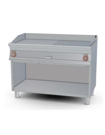 Fry top elettrico trifase-14,8kw su mobile a giorno piastra 1/2 liscia, 1/2 rigata cromata cm 116x51 - dim. 120x70,5x90h