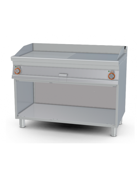 Fry top elettrico trifase-14,8kw su mobile a giorno piastra 1/2 liscia, 1/2 rigata cromata cm 116x51 - dim. 120x70,5x90h