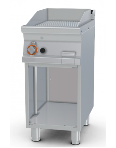Fry top a gas su mobile a giorno7 kw, piastra singola rigata cromata - piastra cm 36x51  - dim. 40x70,5x90h