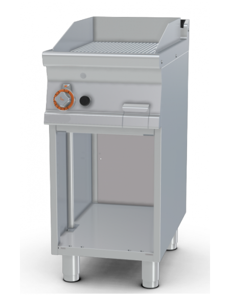 Fry top a gas su mobile a giorno7 kw, piastra singola rigata cromata - piastra cm 36x51  - dim. 40x70,5x90h