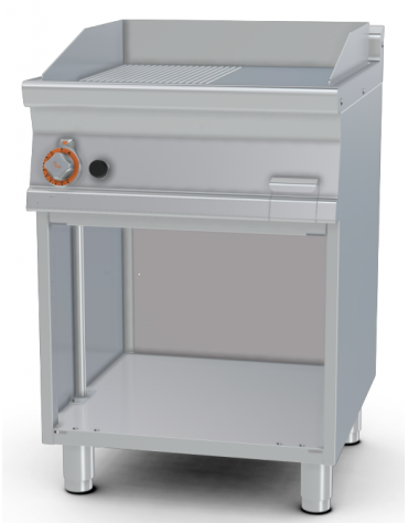 Fry top a gas su mobile a giorno10,5 kw, piastra 1/2 liscia - 1/2 rigata - piastra cm 56x51  - dim. 60x70,5x90h