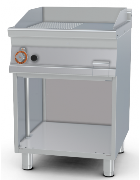 Fry top a gas su mobile a giorno10,5 kw, piastra 1/2 liscia - 1/2 rigata - piastra cm 56x51  - dim. 60x70,5x90h