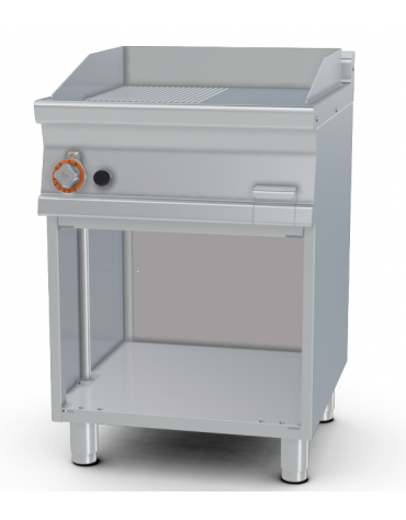 Fry top a gas su mobile a giorno10,5 kw, piastra 1/2 liscia - 1/2 rigata cromata, piastra cm 56x51  - dim. 60x70,5x90h