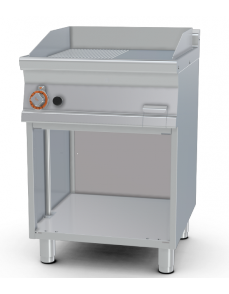 Fry top a gas su mobile a giorno10,5 kw, piastra 1/2 liscia - 1/2 rigata cromata, piastra cm 56x51  - dim. 60x70,5x90h
