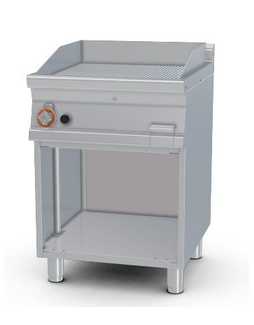 Fry top a gas su mobile a giorno10,5 kw, piastra doppia rigata cromata - piastra cm 56x51  - dim. 60x70,5x90h