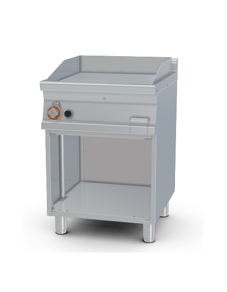 Fry top a gas su mobile a giorno10,5 kw, piastra doppia rigata cromata - piastra cm 56x51  - dim. 60x70,5x90h