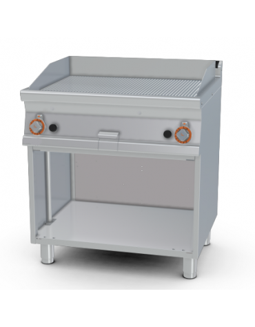 Fry top a gas su mobile a giorno14 kw, piastra doppia rigata - piastra cm 76x51  - dim. 80x70,5x90h