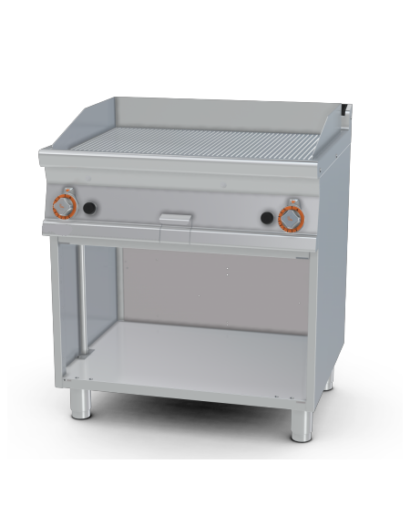 Fry top a gas su mobile a giorno14 kw, piastra doppia rigata - piastra cm 76x51  - dim. 80x70,5x90h