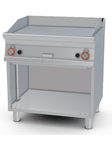 Fry top a gas su mobile a giorno 14 kw, piastra doppia rigata cromata - piastra cm 76x51  - dim. 80x70,5x90h