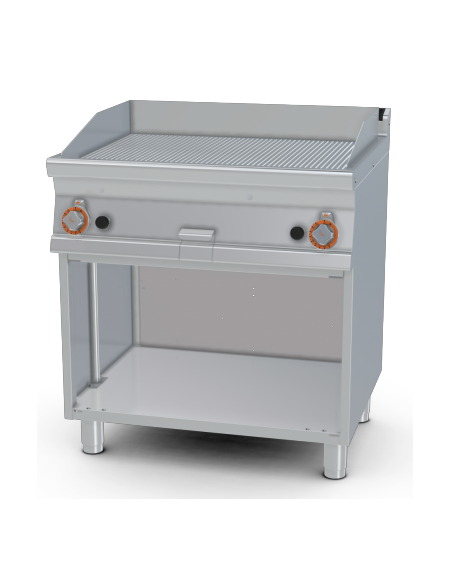 Fry top a gas su mobile a giorno 14 kw, piastra doppia rigata cromata - piastra cm 76x51  - dim. 80x70,5x90h