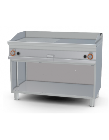 Fry top a gas su mobile a giorno 21kw, piastra 1/2 liscia, 1/2 rigata - piastra cm 116x51  - dim. 120x70,5x90h