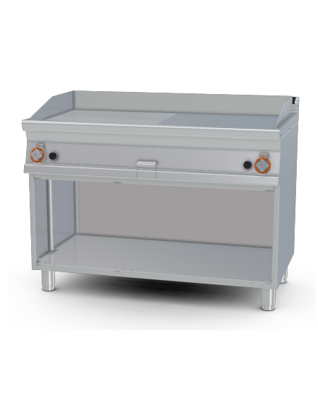 Fry top a gas su mobile a giorno 21kw, piastra 1/2 liscia, 1/2 rigata - piastra cm 116x51  - dim. 120x70,5x90h