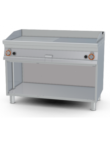 Fry top a gas su mobile a giorno 21kw, piastra 1/2 liscia, 1/2 rigata cromata - piastra cm 116x51  - dim. 120x70,5x90h