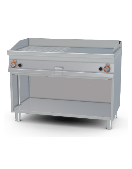 Fry top a gas su mobile a giorno 21kw, piastra 1/2 liscia, 1/2 rigata cromata - piastra cm 116x51  - dim. 120x70,5x90h