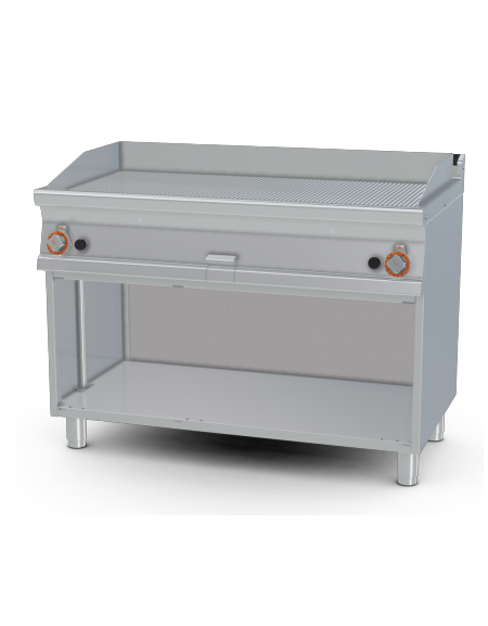 Fry top a gas su mobile a giorno 21kw, piastra doppia rigata - piastra cm 116x51  - dim. 120x70,5x90h