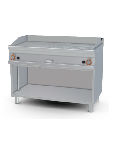 Fry top a gas su mobile a giorno 21kw, piastra doppia rigata cromata - piastra cm 116x51  - dim. 120x70,5x90h
