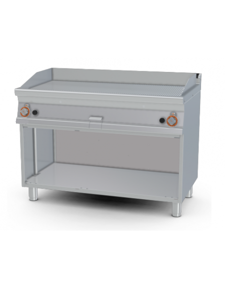 Fry top a gas su mobile a giorno 21kw, piastra doppia rigata cromata - piastra cm 116x51  - dim. 120x70,5x90h