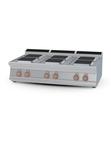 Piano di cottura da banco in acciaio inox CrNi 18/10 AISI 304 trifase-15,6kw, 6 piastre quadre - cm 120x70,5x28h