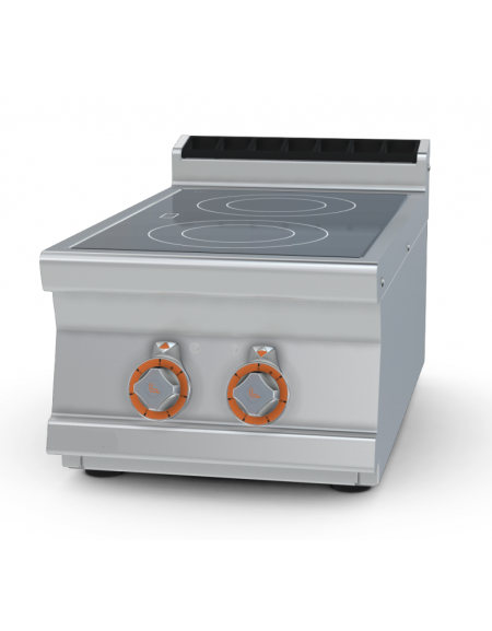 Piano di cottura da banco inox CrNi 18/10 AISI 304 trifase-5kw, 2 zone di cottura cm 35x57 in vetroceramica  - cm 40x70,5x28h