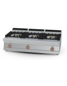 Piano di cottura in acciaio inox CrNi 18/10 AISI 304 a gas 3 fuochi - potenza gas: 27 kW - 23.220 kcal/h - cm 120x70,5x28h