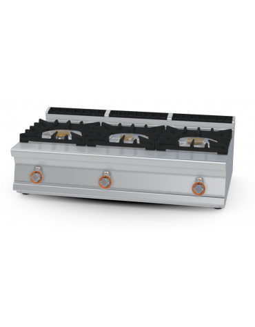 Piano di cottura in acciaio inox CrNi 18/10 AISI 304 a gas 3 fuochi - potenza gas: 27 kW - 23.220 kcal/h - cm 120x70,5x28h