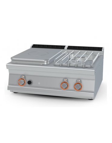 Piano di cottura a gas in acciaio inox CrNi 18/10 AISI 304, 2 fuochi + tuttopiastra cm 37x57 - cm 80x70,5x28h